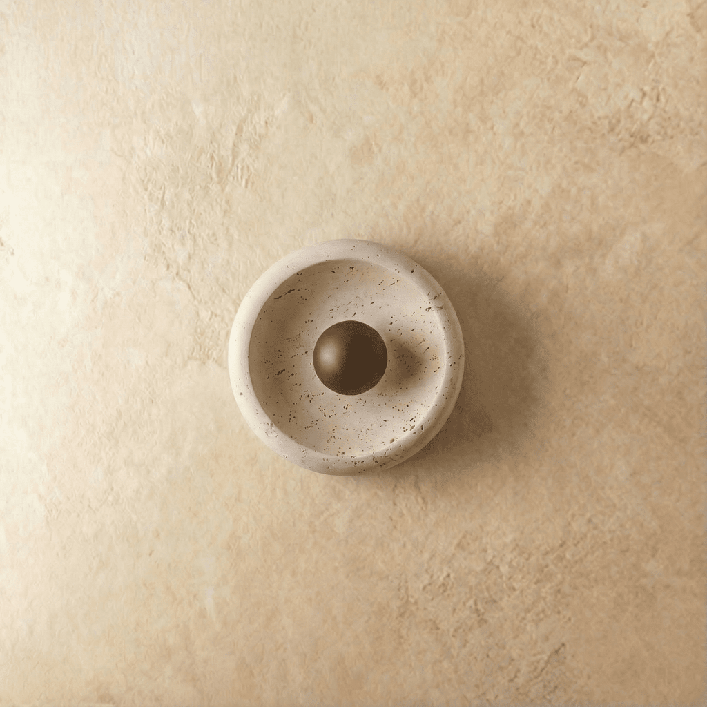 Circular Travertine Wall Light With Wood Accent And Metal Base