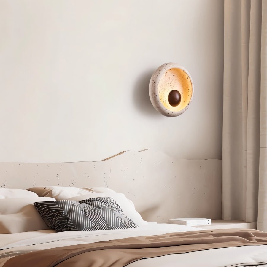 Circular Travertine Wall Light With Wood Accent And Metal Base