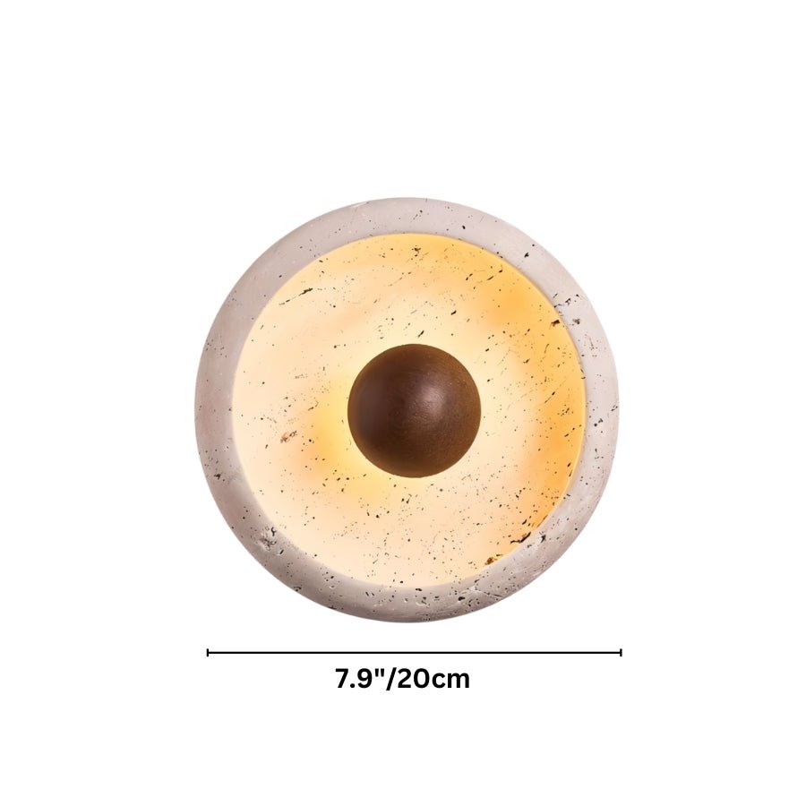 Circular Travertine Wall Light With Wood Accent And Metal Base