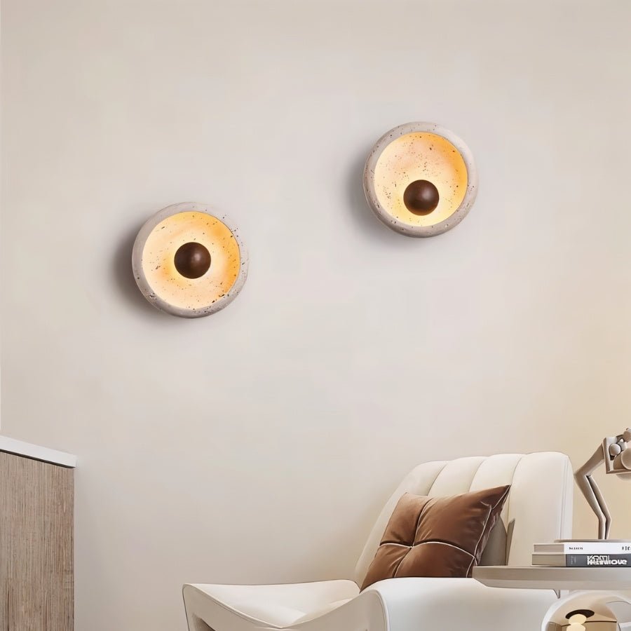 Circular Travertine Wall Light With Wood Accent And Metal Base