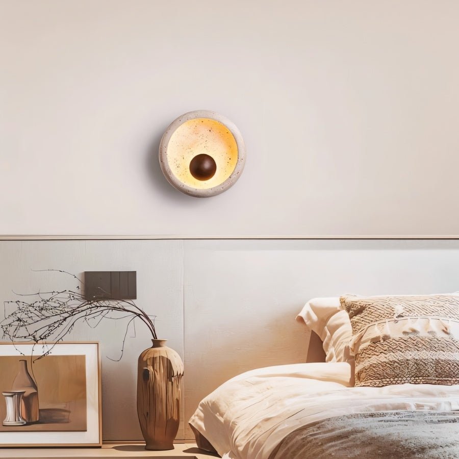 Circular Travertine Wall Light With Wood Accent And Metal Base