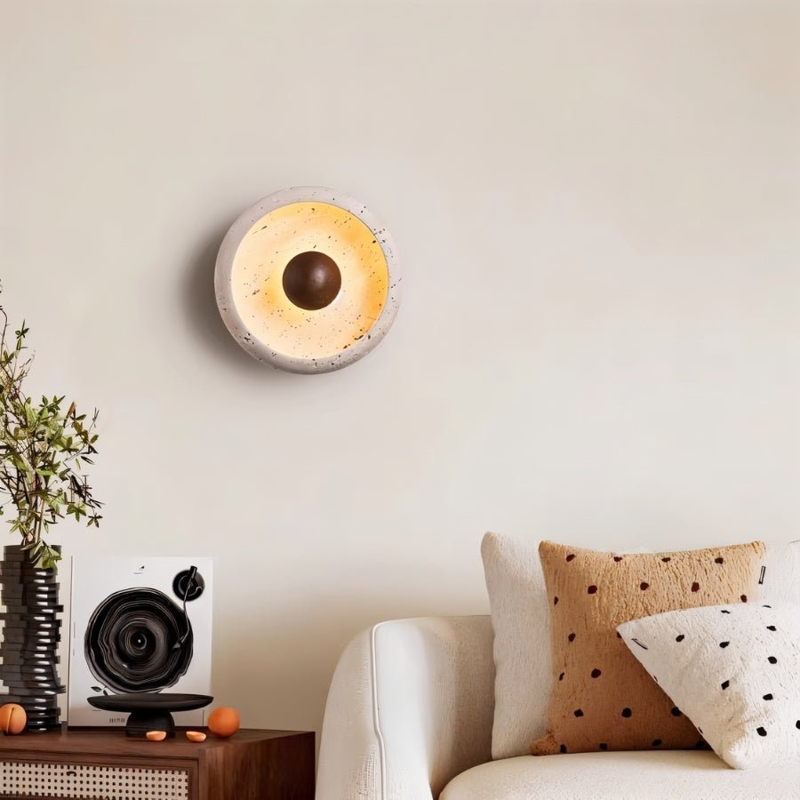 Circular Travertine Wall Light With Wood Accent And Metal Base