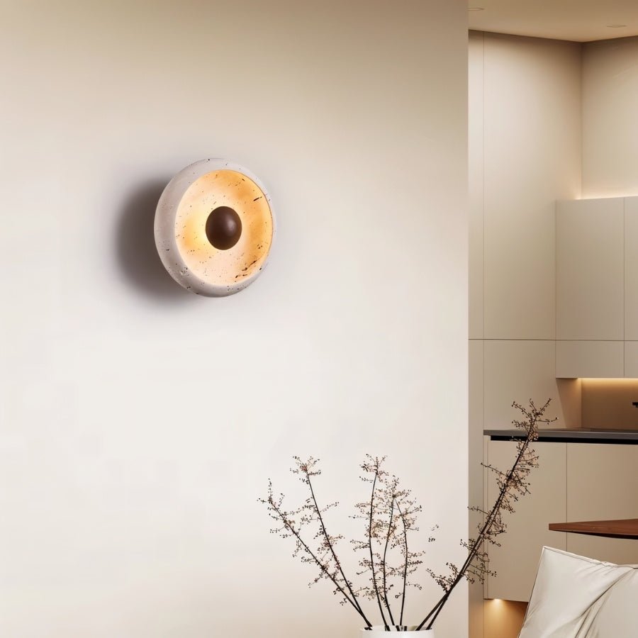 Circular Travertine Wall Light With Wood Accent And Metal Base
